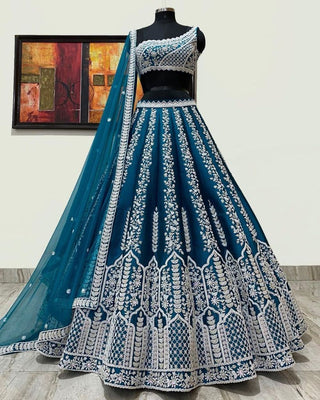 Teal Blue Silk Lehenga Choli with Heavy Embroidery thread Work ClothsVilla
