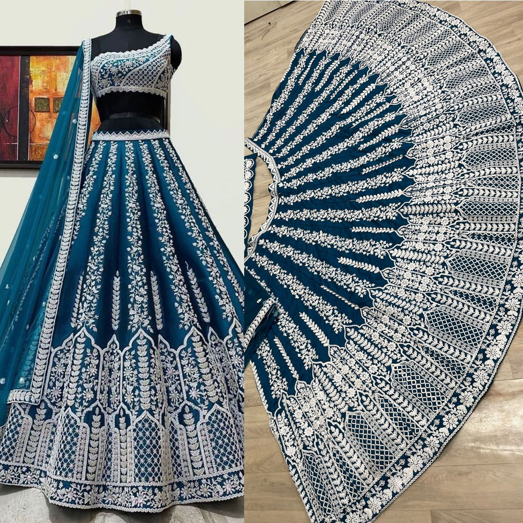 Teal Blue Silk Lehenga Choli with Heavy Embroidery thread Work ClothsVilla