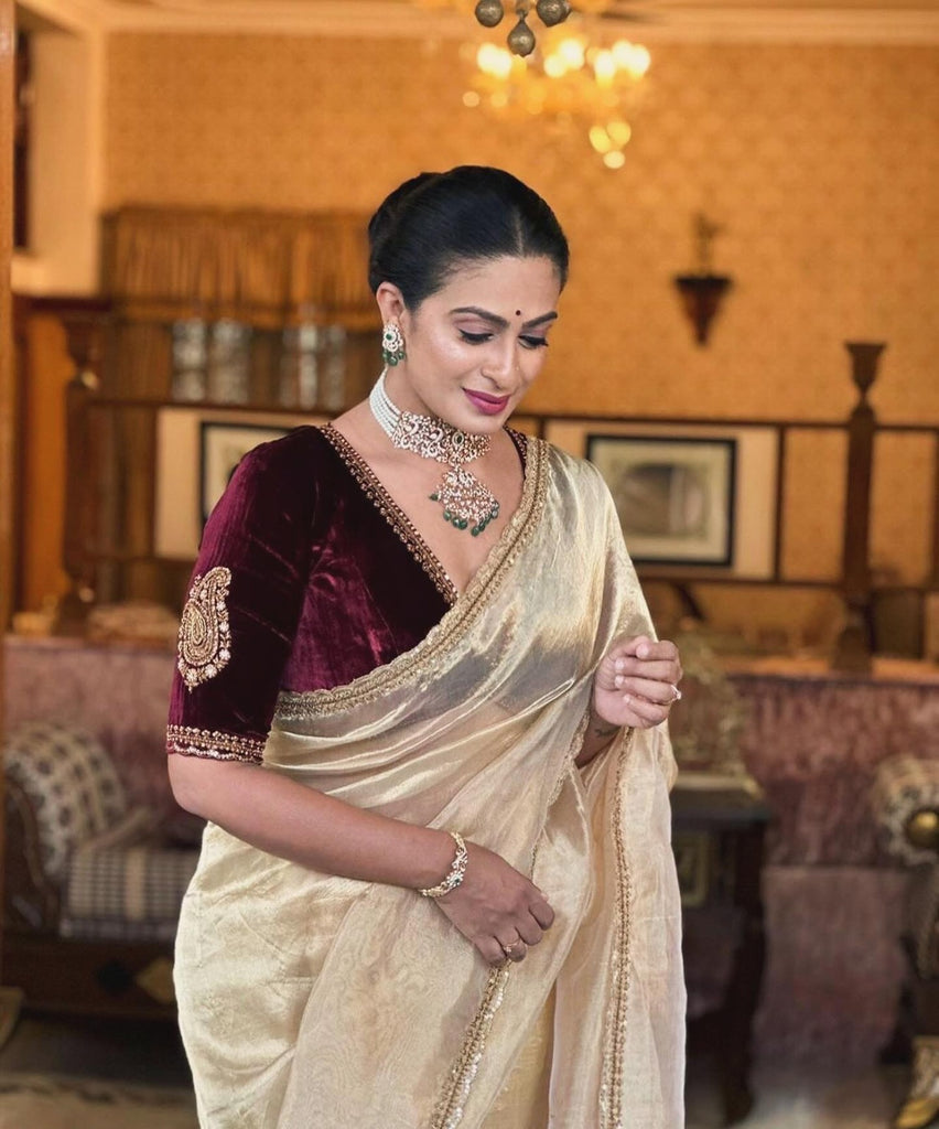 Luxurious Crush Tissue Silk Saree with Gold Zari & Fancy Lace ClothsVilla