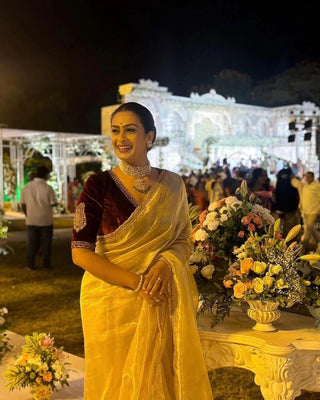 Luxurious Crush Tissue Silk Saree with Gold Zari & Fancy Lace ClothsVilla