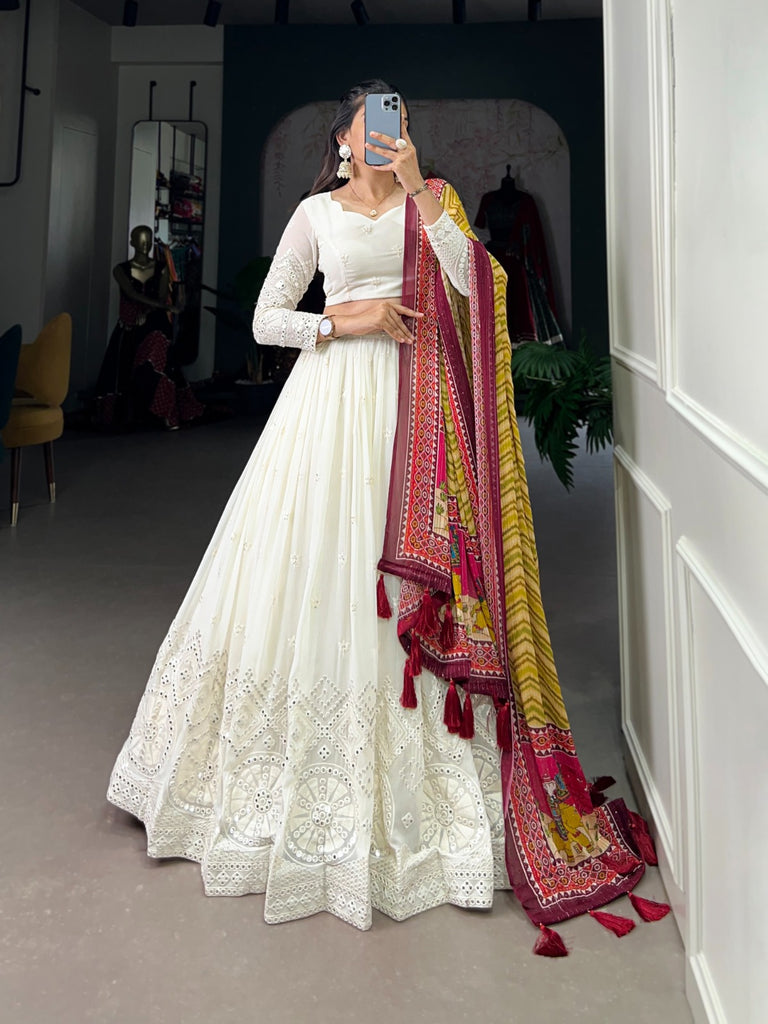 White Lucknowi Paper Mirror Work Lehenga Choli Set - Georgette & Chinon