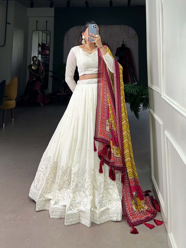 White Lucknowi Paper Mirror Work Lehenga Choli Set - Georgette & Chinon