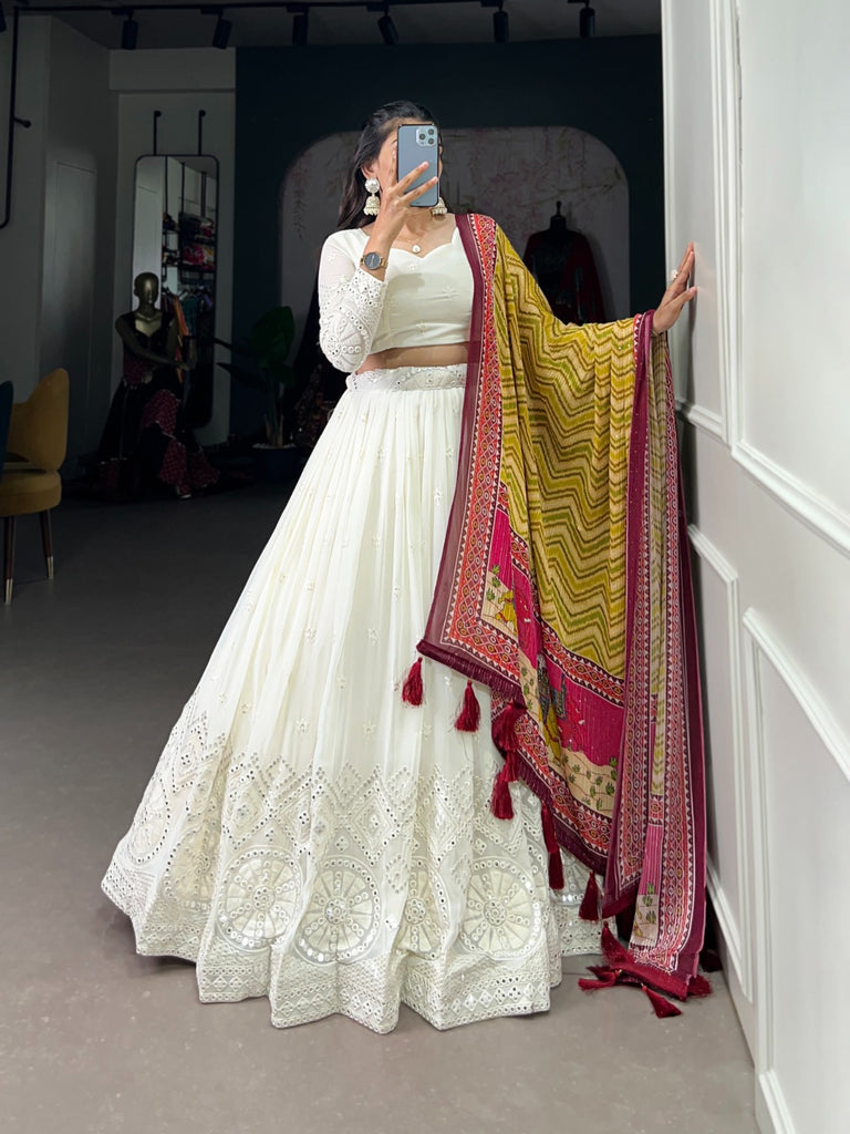 White Lucknowi Paper Mirror Work Lehenga Choli Set - Georgette & Chinon ClothsVilla