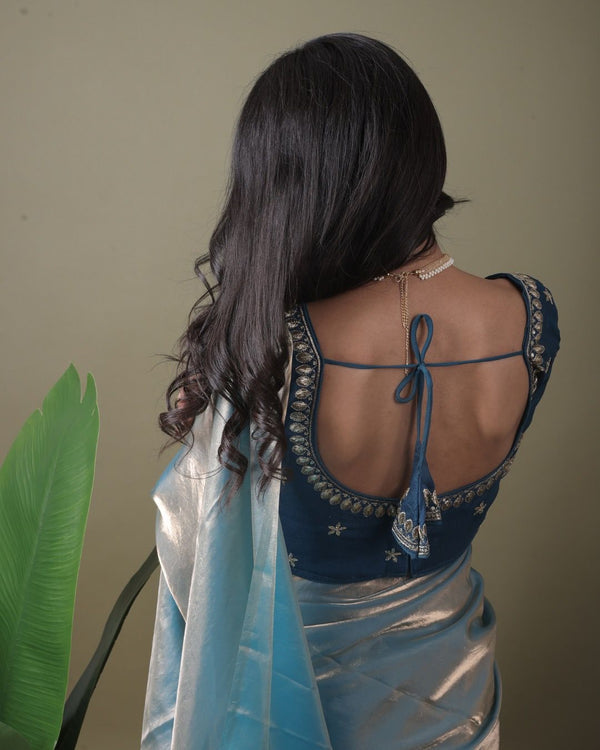 Light Blue Jimmy Choo Organza Saree with  Free Size Stitched Blouse ClothsVilla