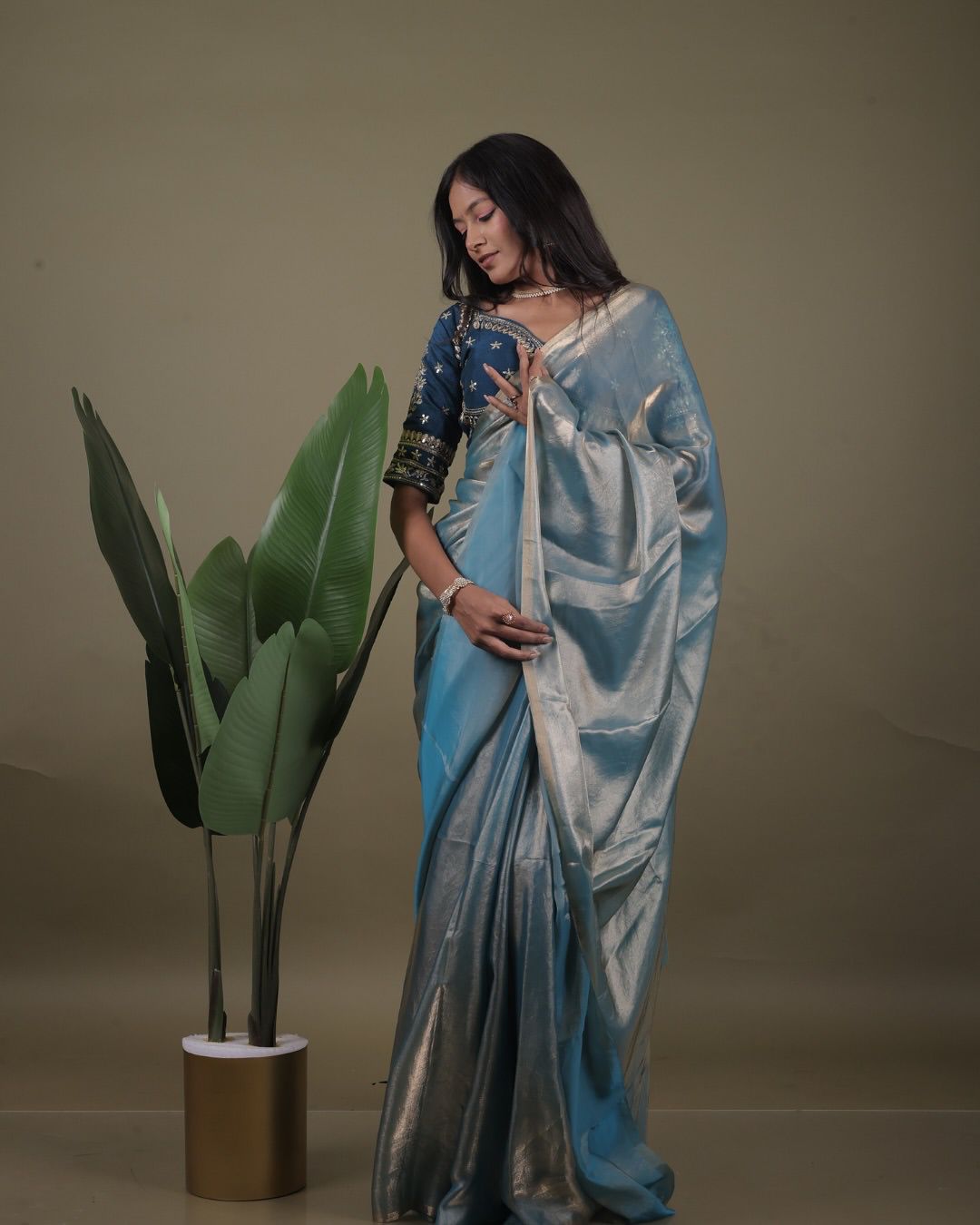 Light Blue Jimmy Choo Organza Saree with  Free Size Stitched Blouse ClothsVilla Main image