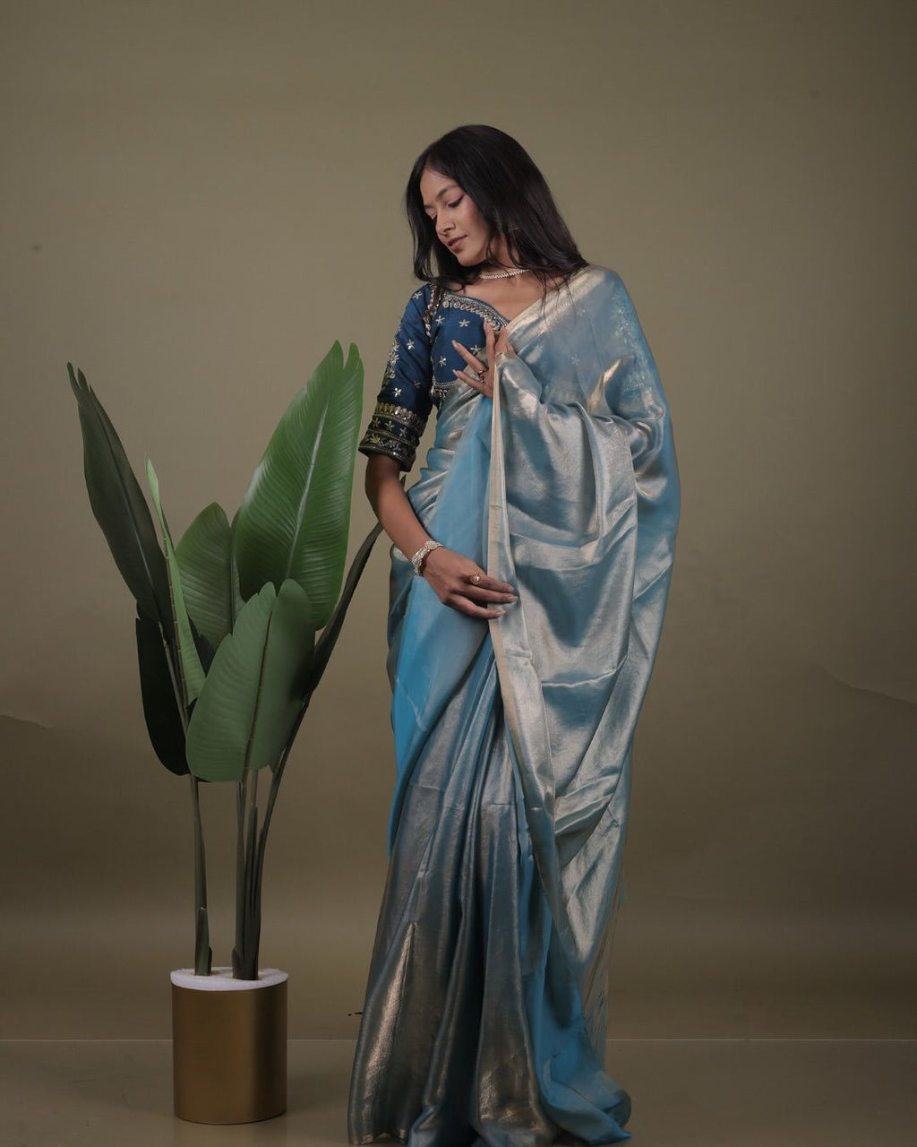 Light Blue Jimmy Choo Organza Saree with  Free Size Stitched Blouse ClothsVilla