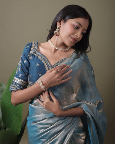 Light Blue Jimmy Choo Organza Saree with  Free Size Stitched Blouse ClothsVilla