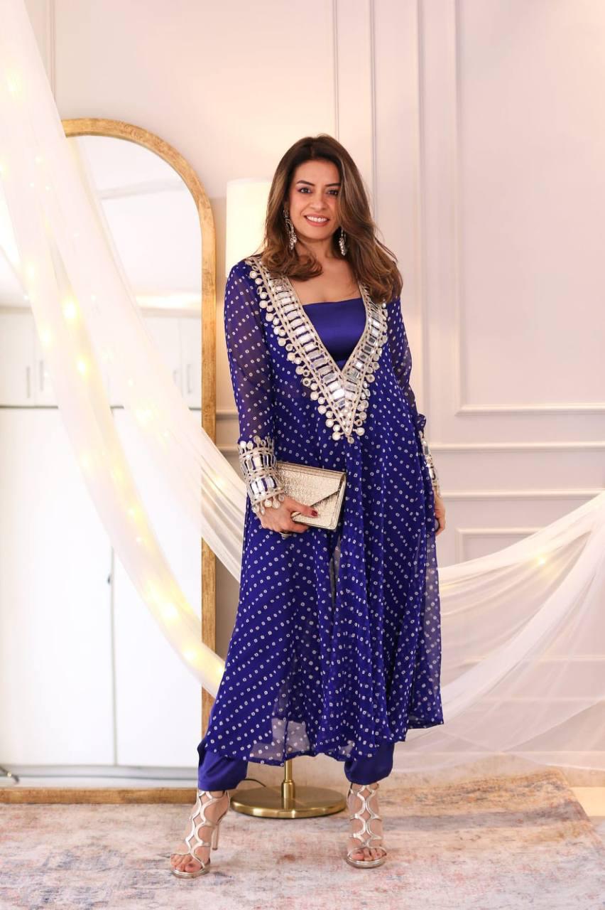 Purple Trendy Georgette Kurti Set with Chinon Pant & Blouse Digital Print & Real Mirror Work ClothsVilla Main image