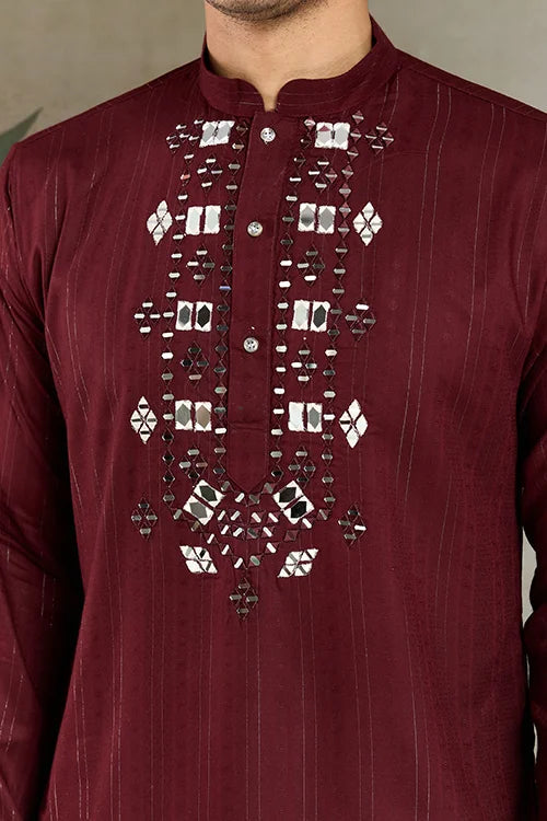 Traditional Maroon Mirror Embroidered Kurta with Dupatta Clothsvilla