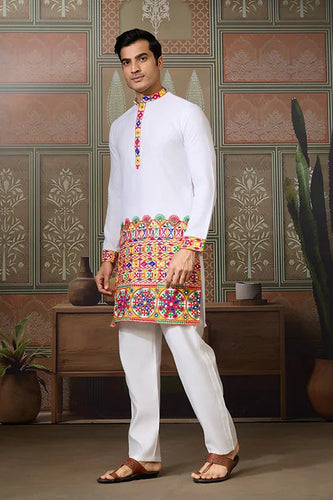 Stylish White Cotton Readymade Men’s Navratri Kurta Clothsvilla