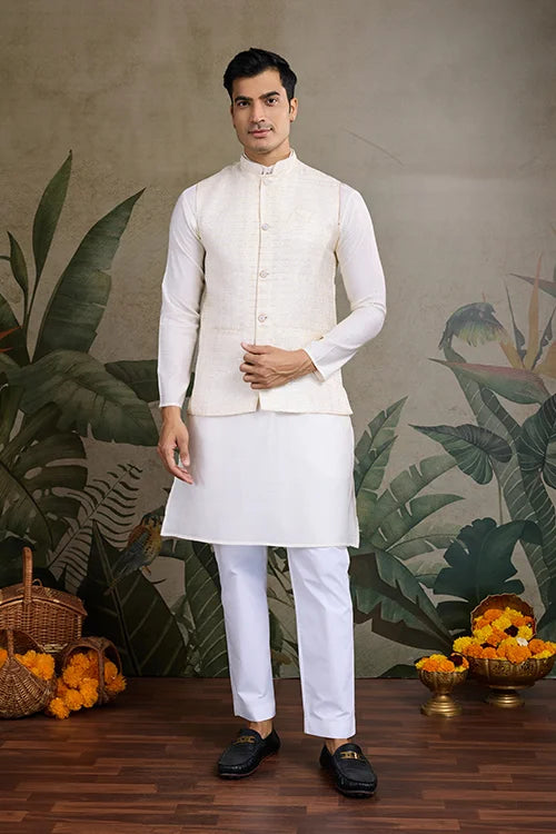 White Roman Silk Kurta with Jacquard Koti Jacket Clothsvilla