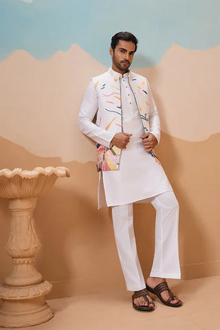 White Wedding Wear Carnival Koti Kurta Pair for Mens Wear Clothsvilla