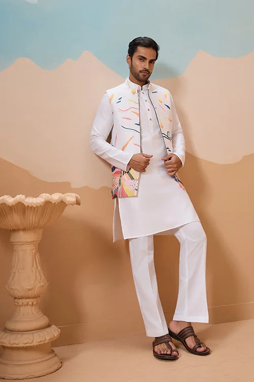 White Wedding Wear Carnival Koti Kurta Pair for Mens Wear Clothsvilla