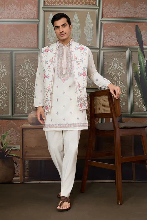 Ethnic White Embroidered Koti Kurta Set for Men Clothsvilla