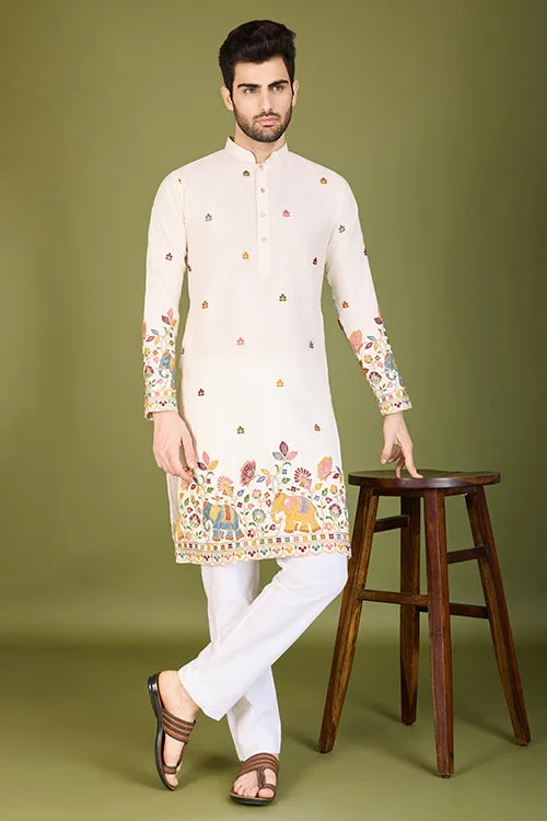 White Color Heavy Embroidered with Cotton Mens Wear Kurta Clothsvilla