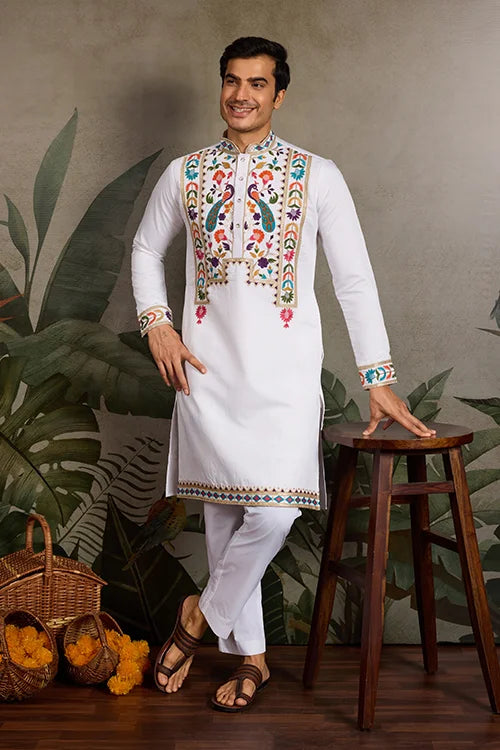 White Embroidered Mens Kurta for Special Events Clothsvilla