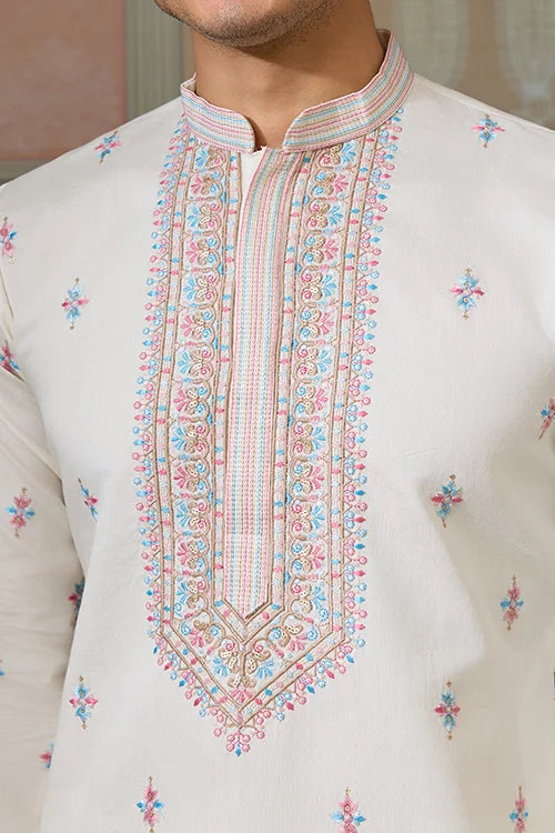 Ethnic White Embroidered Koti Kurta Set for Men Clothsvilla