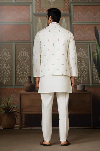 Ethnic White Embroidered Koti Kurta Set for Men Clothsvilla