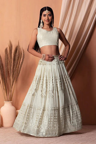 White Bollywood Georgette Lehenga Choli with Sequins Clothsvilla