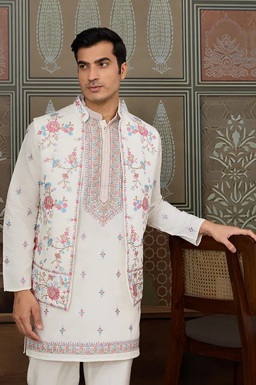 Ethnic White Embroidered Koti Kurta Set for Men Clothsvilla