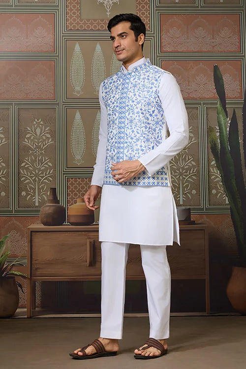 Traditional White Kurta Blue Koti Pajama for Men Clothsvilla
