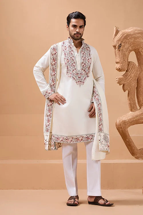 Vibrant Look White Kurta Dupatta Set for Mens Wear Clothsvilla