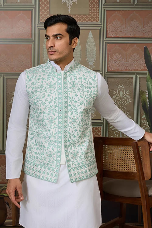 Wedding White Kurta Pajama with Green Koti Style Clothsvilla