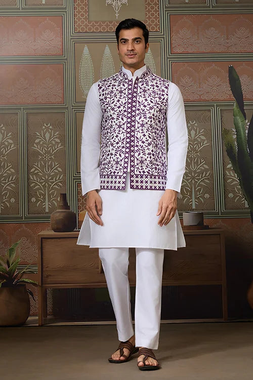 Classic White Mens Kurta Pajama with Stylish Purple Koti Clothsvilla