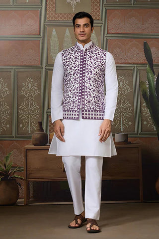 Classic White Mens Kurta Pajama with Stylish Purple Koti Clothsvilla