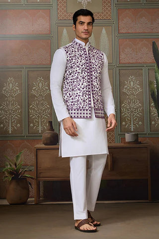 Classic White Mens Kurta Pajama with Stylish Purple Koti Clothsvilla