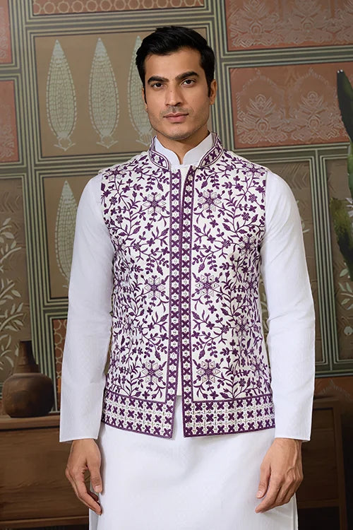 Classic White Mens Kurta Pajama with Stylish Purple Koti Clothsvilla
