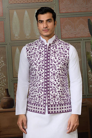 Classic White Mens Kurta Pajama with Stylish Purple Koti Clothsvilla