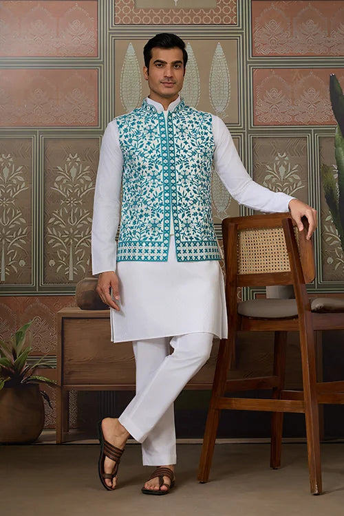 Traditional White Kurta with Teal Green Koti for Men Clothsvilla
