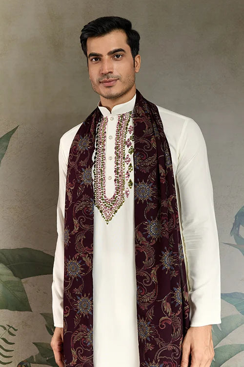 Wedding Special White Mirror Work Kurta with Dupatta for Men Clothsvilla