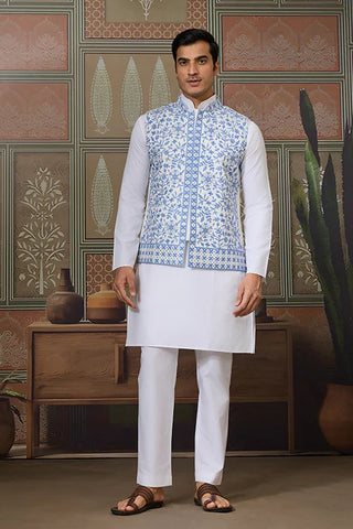 Traditional White Kurta Blue Koti Pajama for Men Clothsvilla