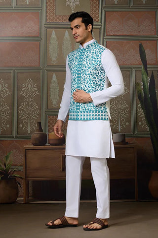 Traditional White Kurta with Teal Green Koti for Men Clothsvilla