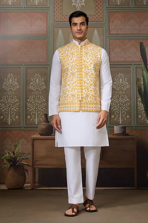 Haldi Special Yellow Koti with White Kurta for Mens Clothsvilla