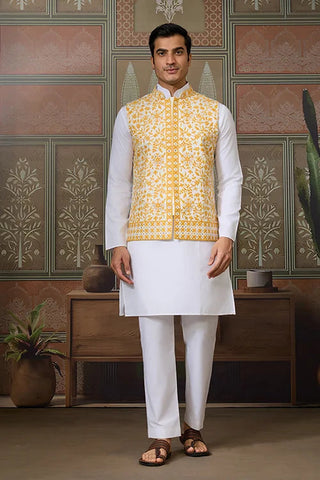 Haldi Special Yellow Koti with White Kurta for Mens Clothsvilla