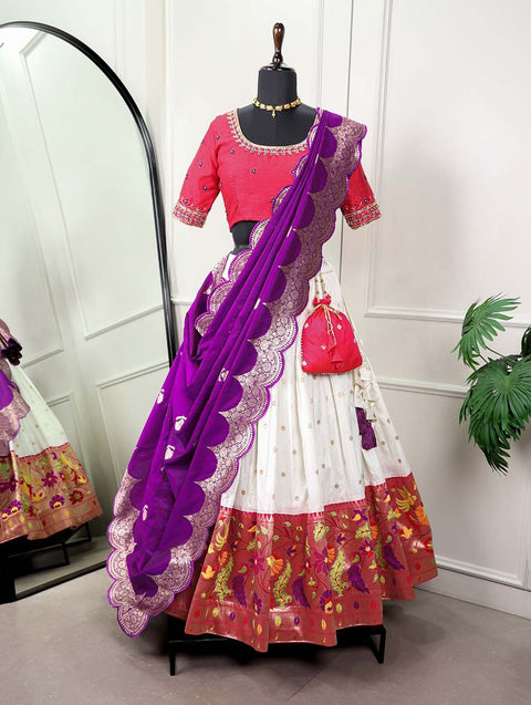 White Paithani Lehenga Choli Embrace Elegance and Tradition ClothsVilla Main image