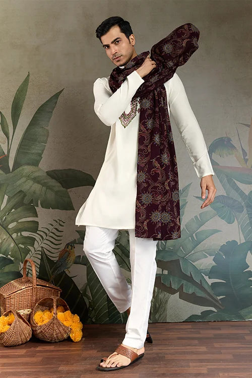 Wedding Special White Mirror Work Kurta with Dupatta for Men Clothsvilla