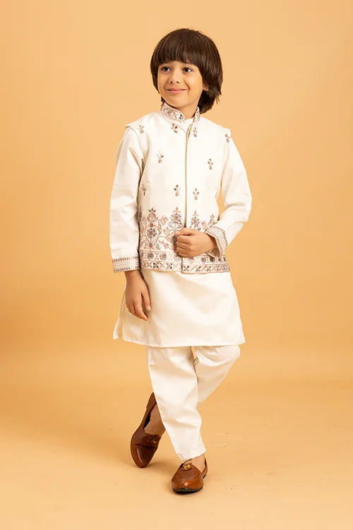 Premium White Mirror Work Koti Kurta Set for Boys Clothsvilla