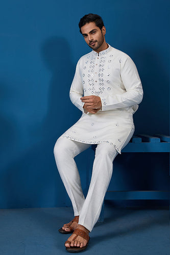 White Real Mirror Work Kurta Pant Set for Mens Wear Clothsvilla