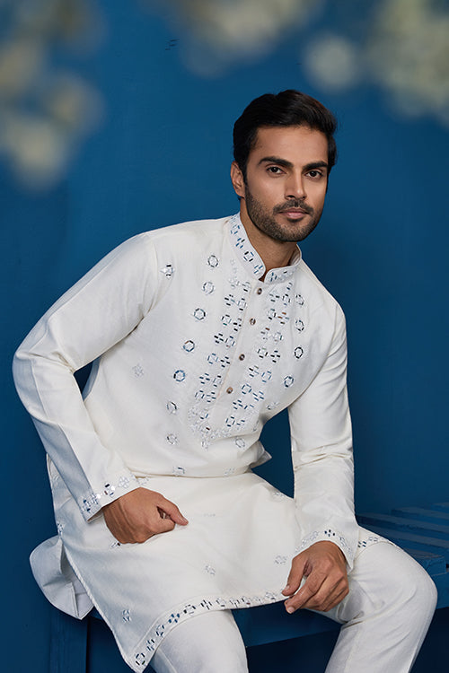 White Real Mirror Work Kurta Pant Set for Mens Wear Clothsvilla