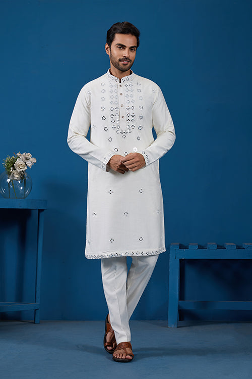 White Real Mirror Work Kurta Pant Set for Mens Wear Clothsvilla