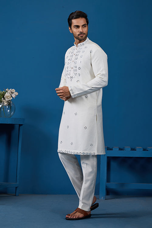 White Real Mirror Work Kurta Pant Set for Mens Wear Clothsvilla