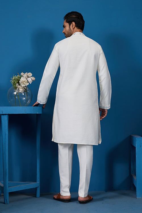 White Real Mirror Work Kurta Pant Set for Mens Wear Clothsvilla
