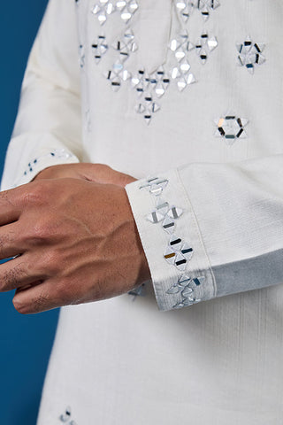 White Real Mirror Work Kurta Pant Set for Mens Wear Clothsvilla