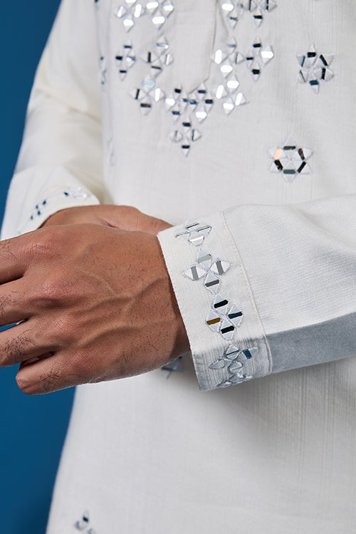 White Real Mirror Work Kurta Pant Set for Mens Wear Clothsvilla
