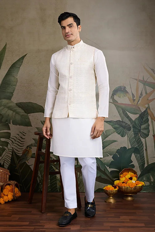 White Roman Silk Kurta with Jacquard Koti Jacket Clothsvilla