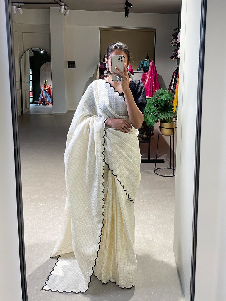 Exquisite White Gadhwal Chex Saree with Arca Work and Lucknowi Work Blouse ClothsVilla